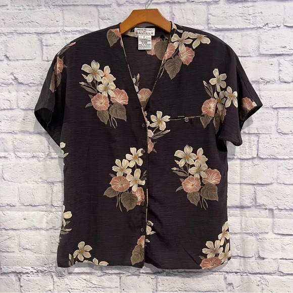 Vintage Rena Rowan Button Front Short Sleeve Brown Pink‎ Floral - Picture 1 of 6